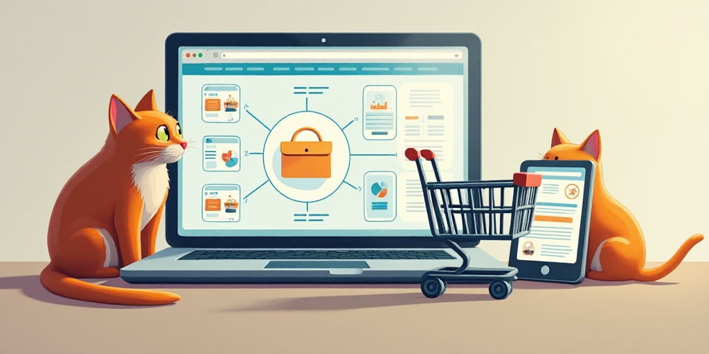 a cat sitting next to a laptop and a phone with a shopping cart on it and a cat sitting next to it,