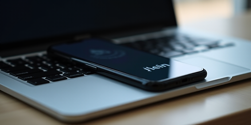 a cell phone is sitting on a laptop keyboard with a shein logo on it and a keyboard on the other sid