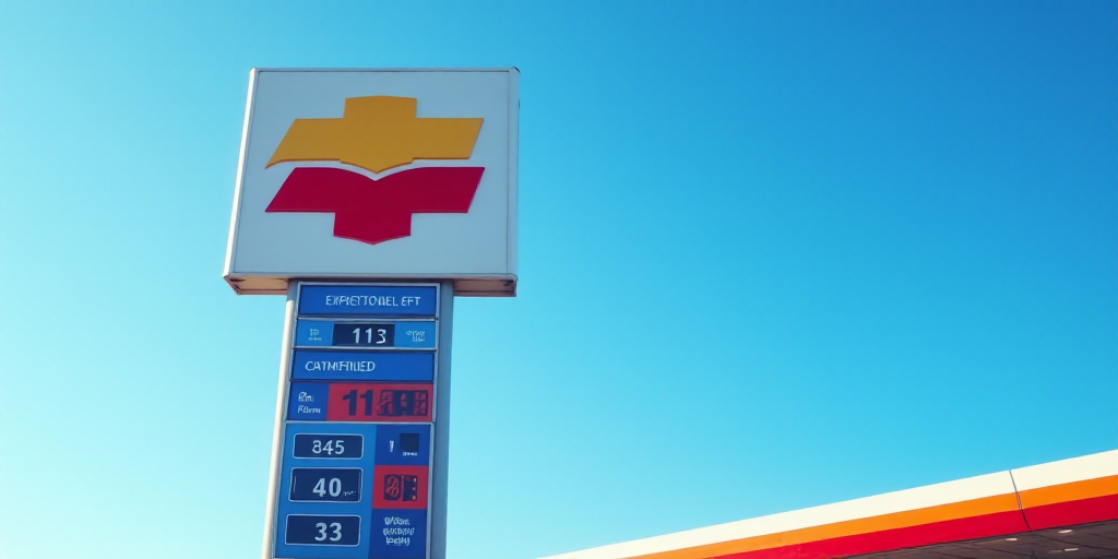 a chevron gas station sign and a gas station sign with a blue sky in the background and a blue sky i