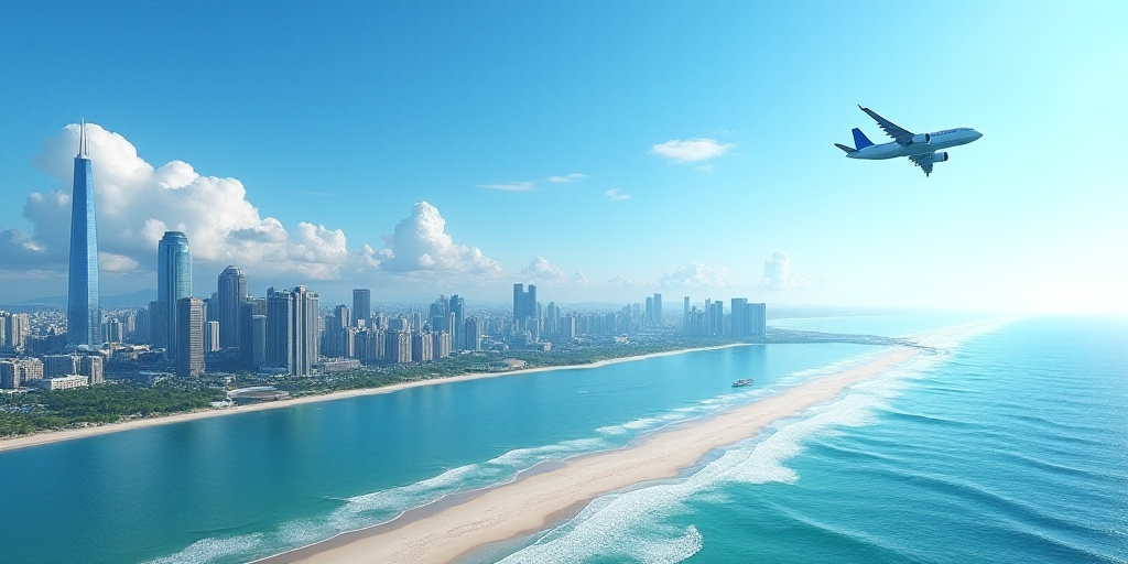 a city skyline with a beach and ocean in the foreground and a blue sky in the background with a plan