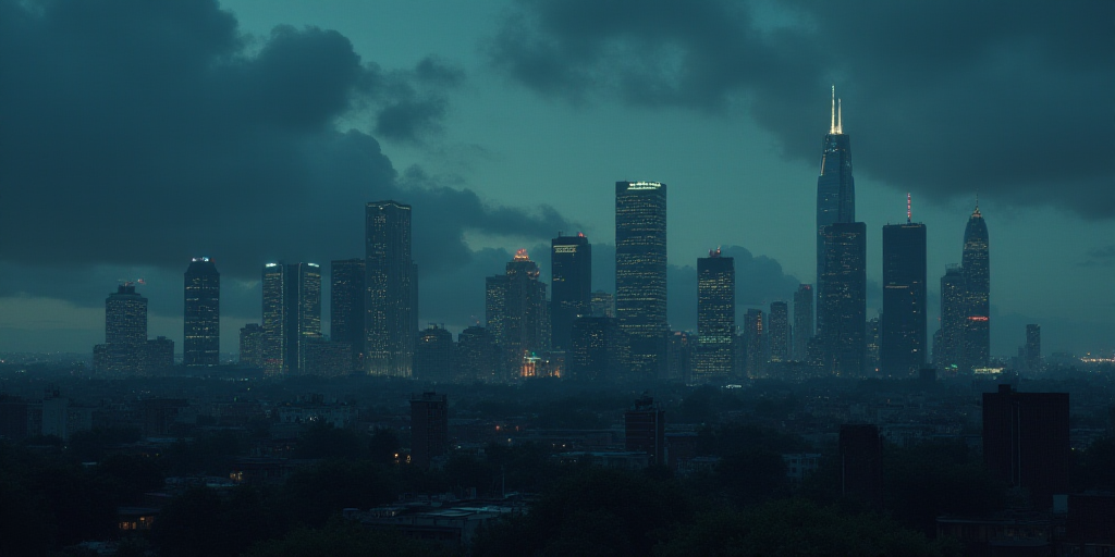 a city skyline with a lot of tall buildings at night time with a cloudy sky in the background and a
