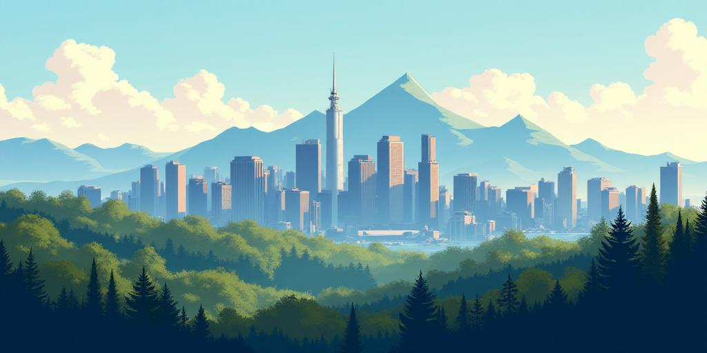 a city skyline with tall buildings and trees in the foreground and mountains in the background in th