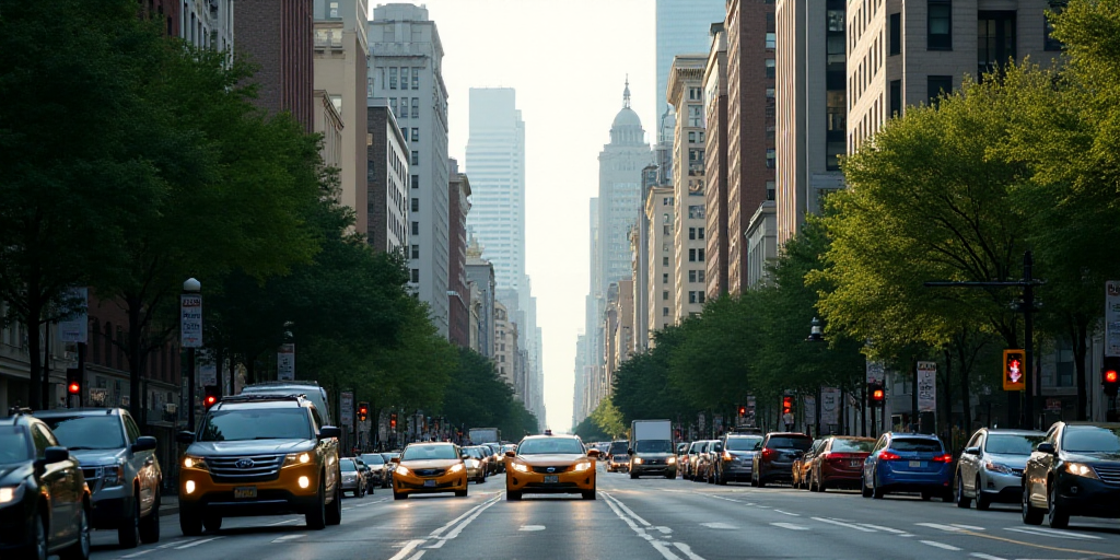 a city street filled with lots of traffic next to tall buildings and trees on both sides of the stre