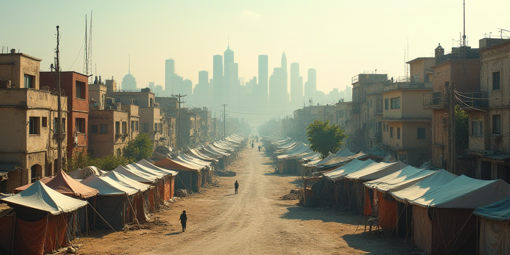 a city street filled with lots of tents and buildings in the background with a sky line in the foreg