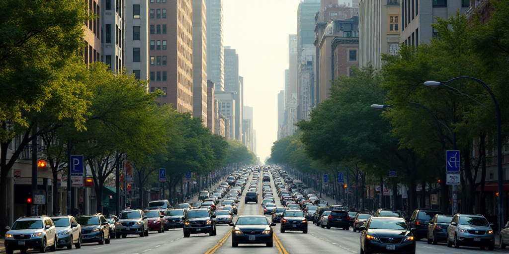 a city street filled with lots of traffic next to tall buildings and trees on both sides of the stre