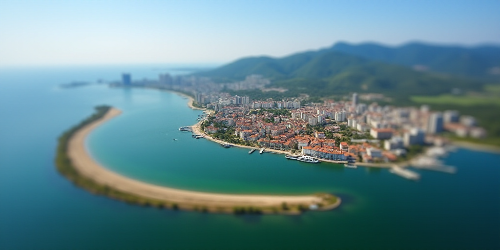 a city with a beach and a body of water in the background and a body of water in the foreground, Cef
