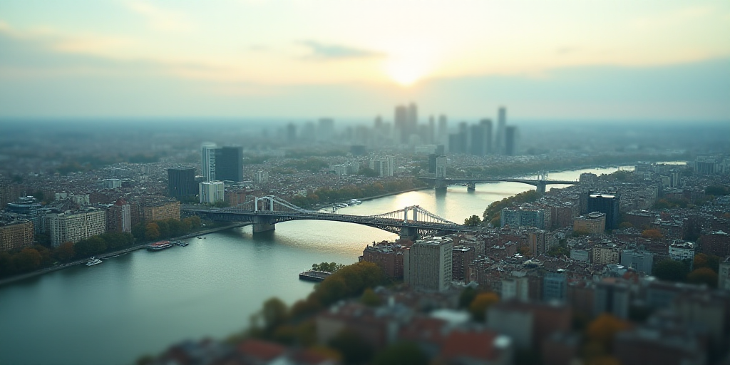 a city with a bridge and a bridge over it with a sky line above it and a city below, Christo, blunt