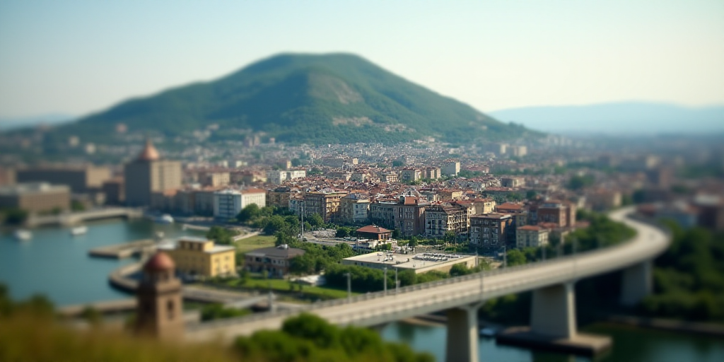a city with a hill in the background and a bridge in the foreground with a bridge going across it, A