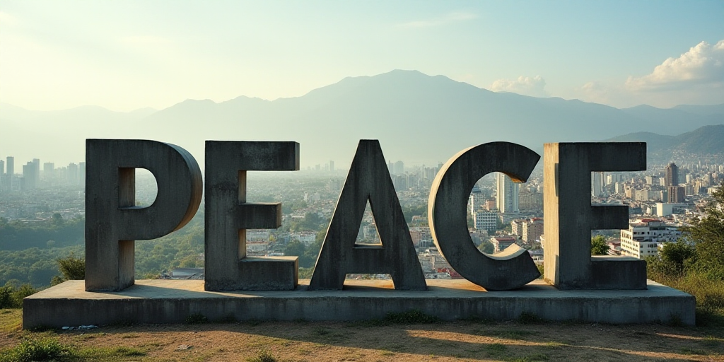 a city with a large sign that says peace in the middle of it's letters and a city in the background,