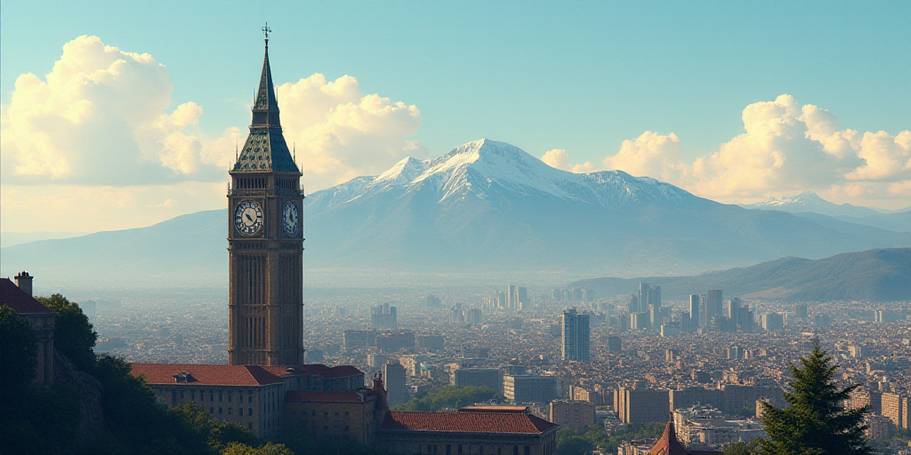 a city with a large tower with a clock on it's side and mountains in the background with a sky line,