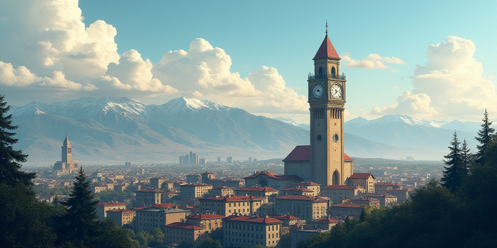 a city with a large tower with a clock on it's side and mountains in the background with a sky line,