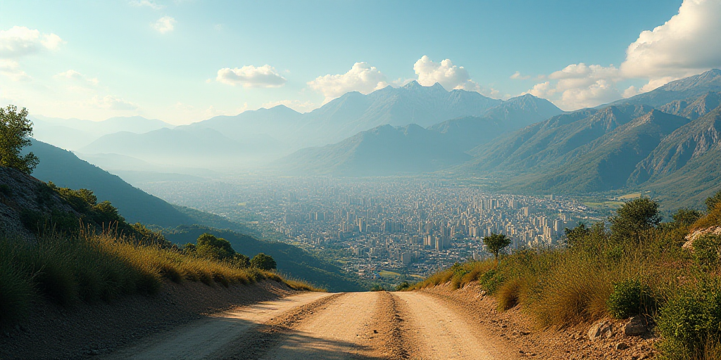 a city with a lot of buildings and mountains in the background and a dirt road in the foreground, Al