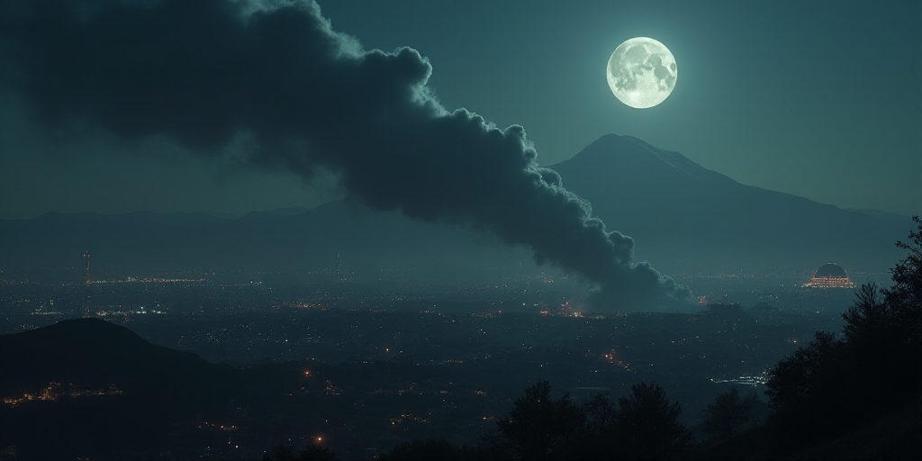 a city with a lot of smoke coming out of it at night time with a mountain in the background, Almada
