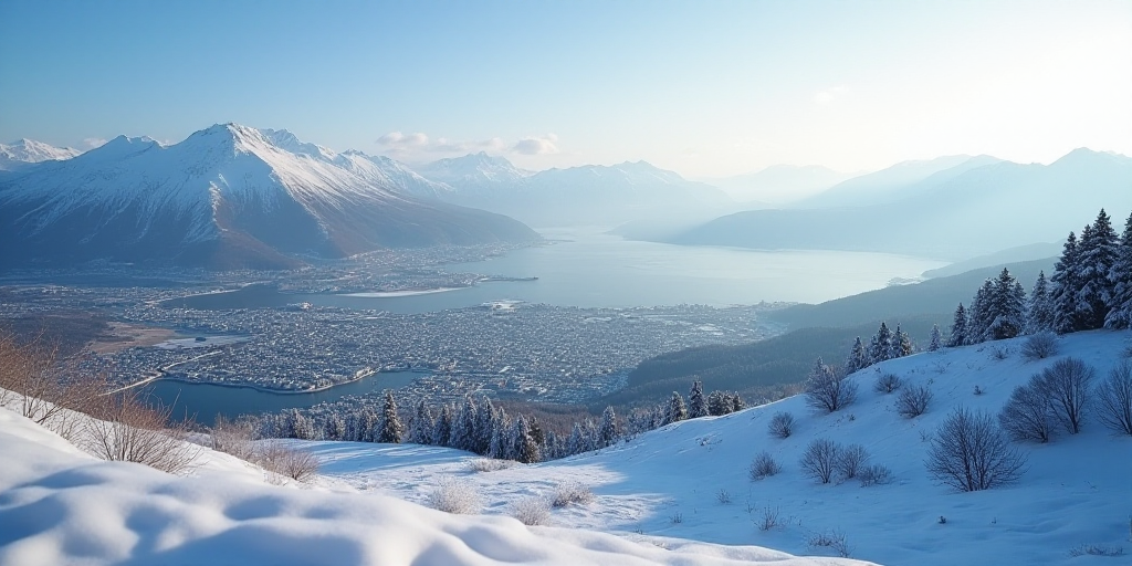 a city with a lot of snow on the ground and mountains in the background with a body of water, Artur