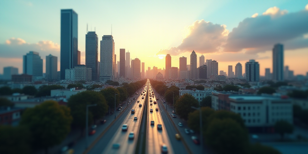 a city with a lot of tall buildings and a street with cars driving down it and a sky line, Eddie Men