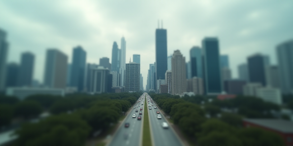 a city with a lot of tall buildings and a cloudy sky above it, with a few cars driving on the road,