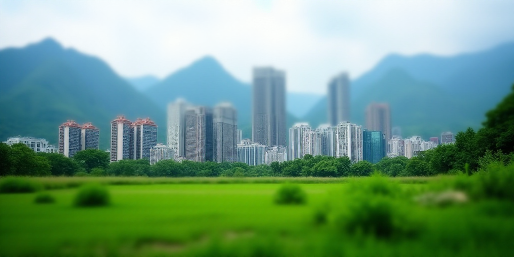 a city with a lot of tall buildings and mountains in the background, and a green field in the middle