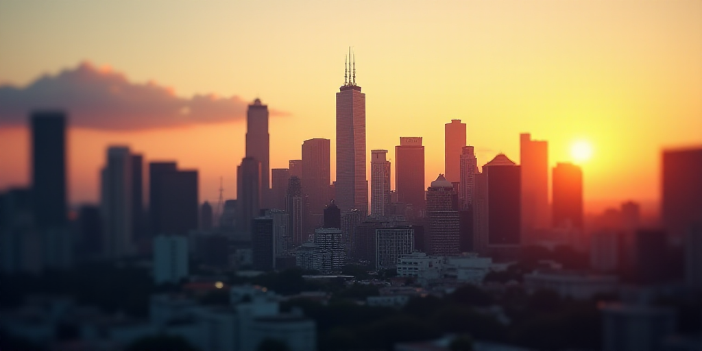 a city with tall buildings and a sky line in the background at sunset or sunrise with a few clouds,