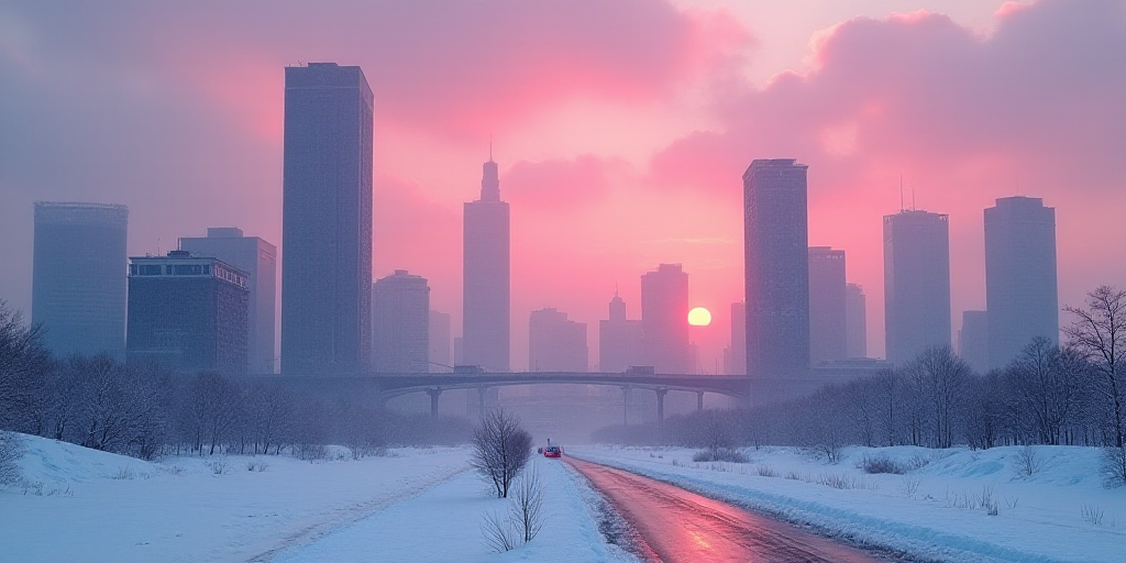 a city with tall buildings and a lot of snow on the ground at dusk time with a pink sky, Cao Zhibai,