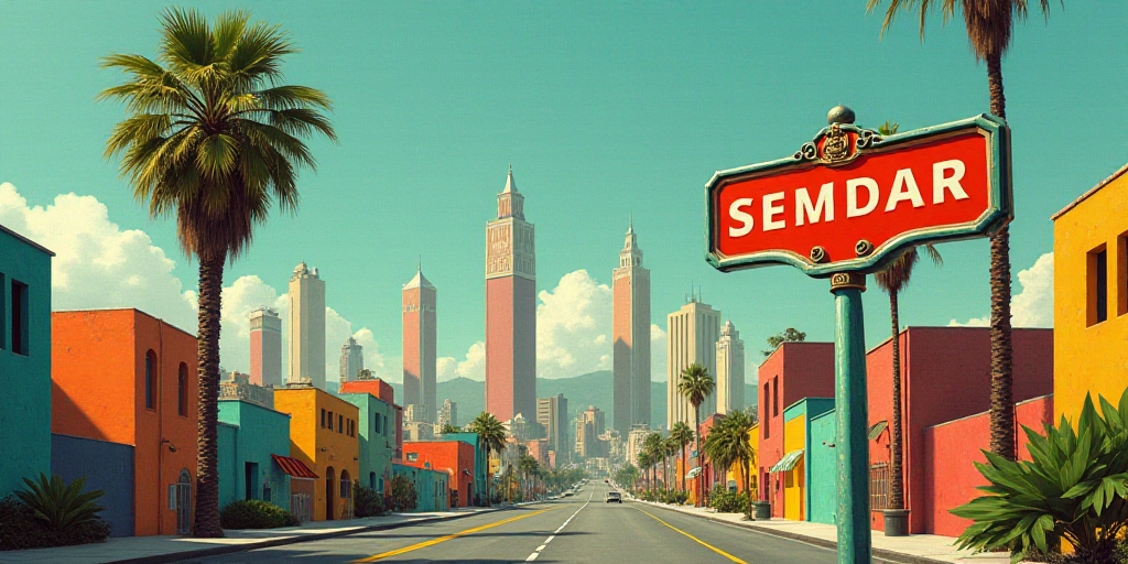 a city with tall buildings and a street sign in front of it with a palm tree in the foreground, Dieg