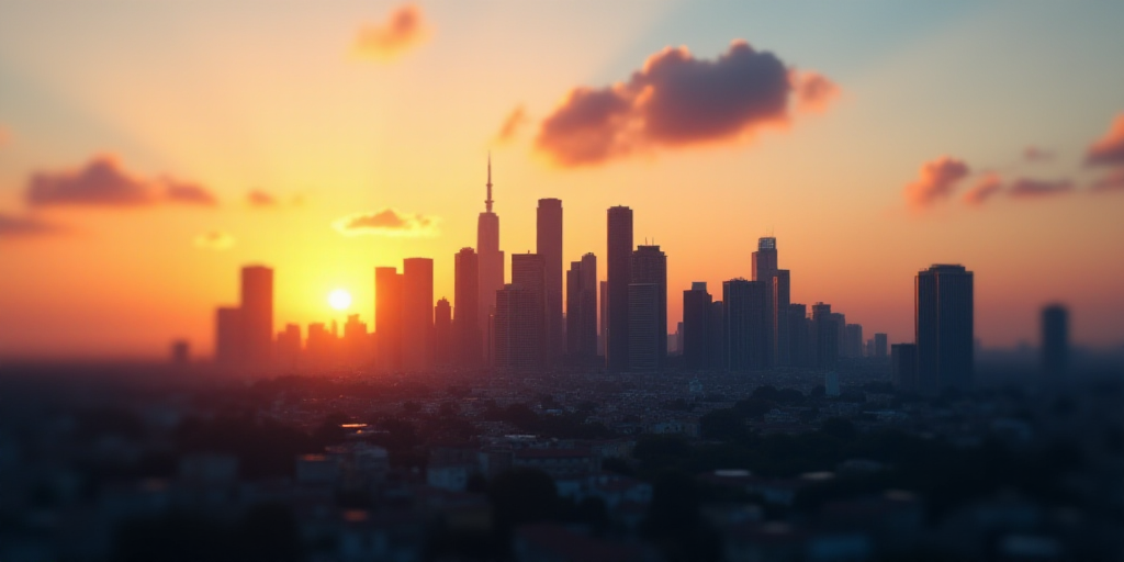 a city with tall buildings and a sky line in the background at sunset or sunrise with a few clouds,