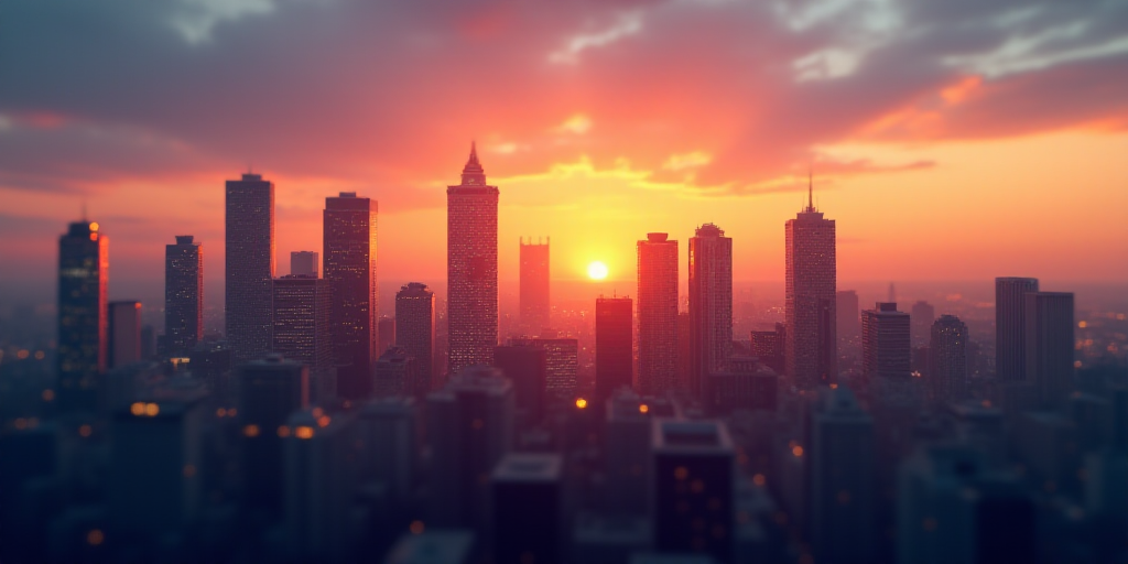 a city with tall buildings and a sky line in the background at sunset or sunrise with a few clouds,