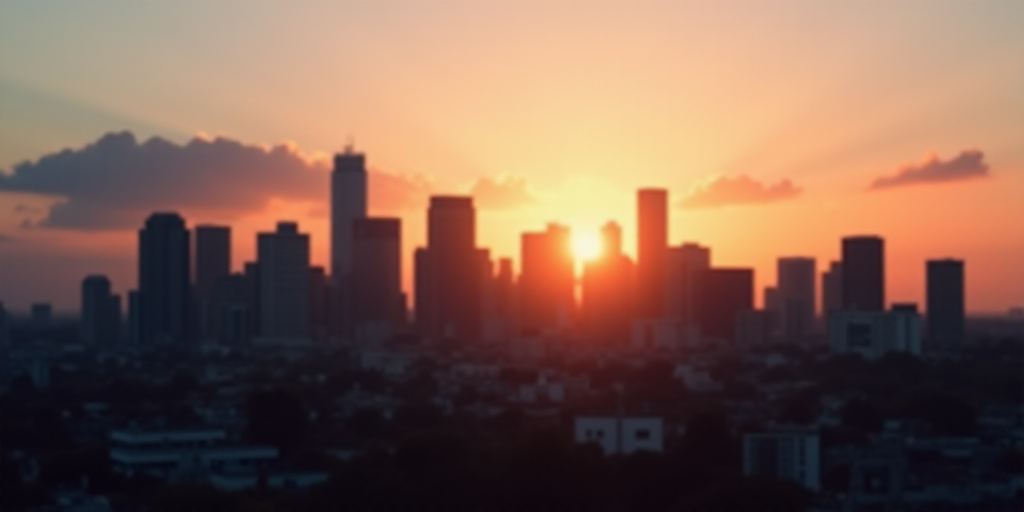 a city with tall buildings and a sky line in the background at sunset or sunrise with a few clouds,