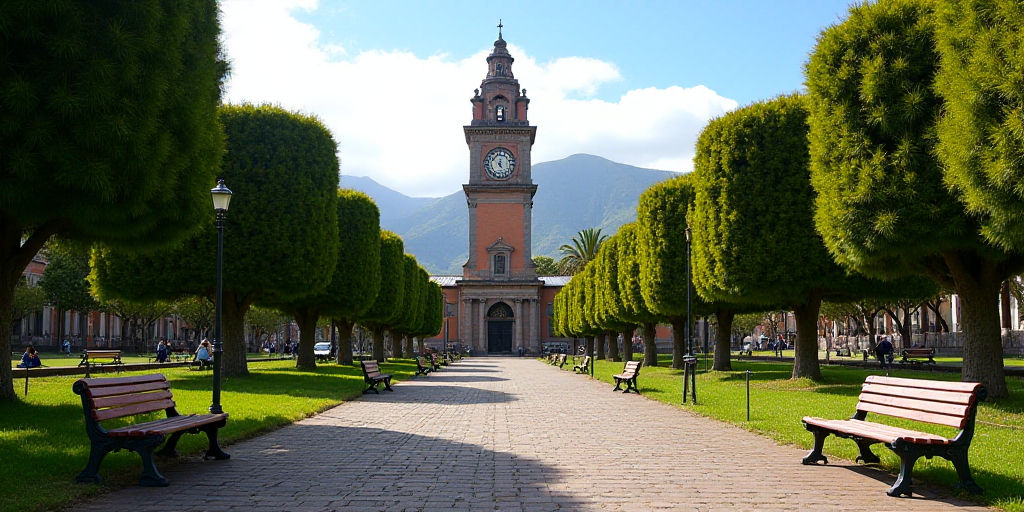 a clock tower is in the distance behind a garden with benches and benches on the walkway and a clock