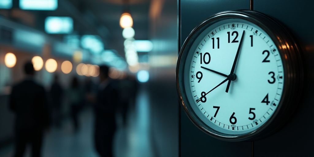 a clock with a group of people in the background behind it with a blurry image of a clock face, Denn