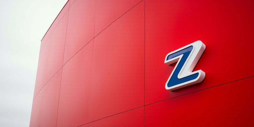 a close up of a logo on a red wall with a white background and a blue z logo on the bottom, Daniel L
