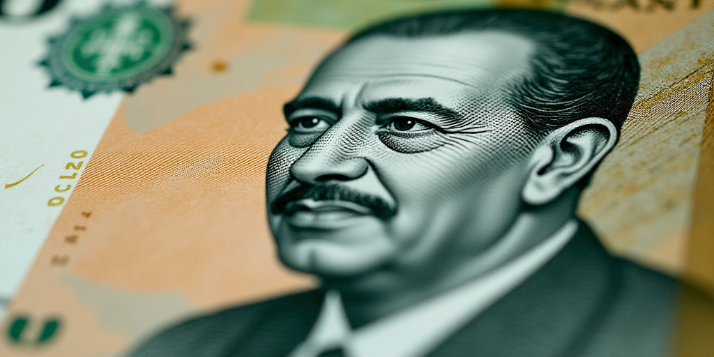 a close up of a one hundred mexican peso bill with a portrait of president ronald castro on it, Aqui