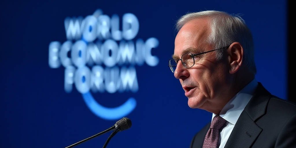 a close up of a person speaking into a microphone with a world economic forum logo in the background