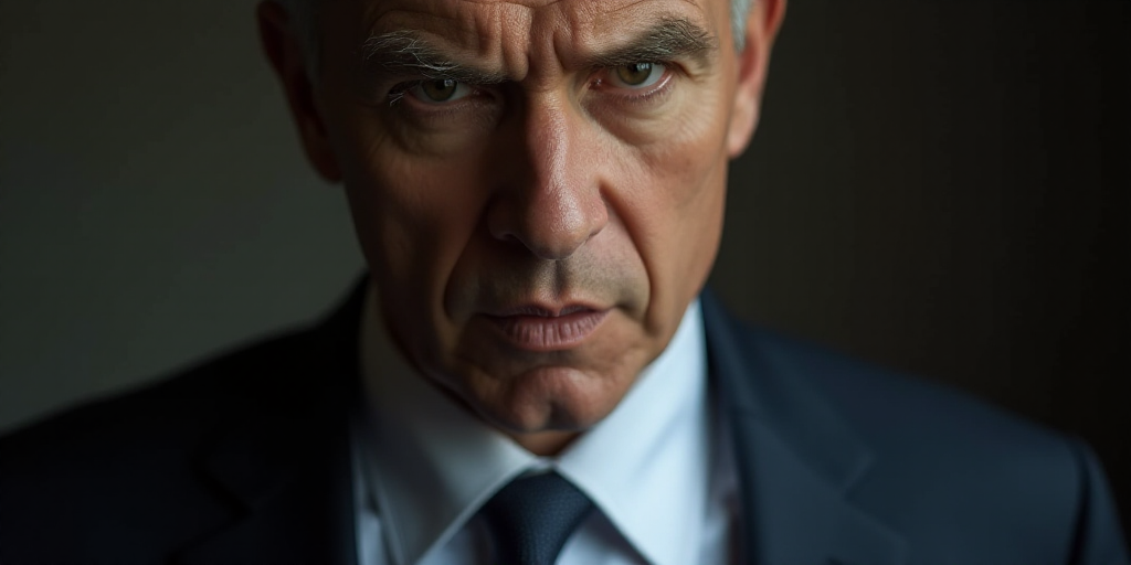 a close up of a person wearing a suit and tie with a serious look on his face and shoulders, Donald