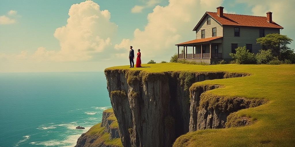 a collage of a house on a cliff with a man in a black suit and a woman in a red dress, David LaChape