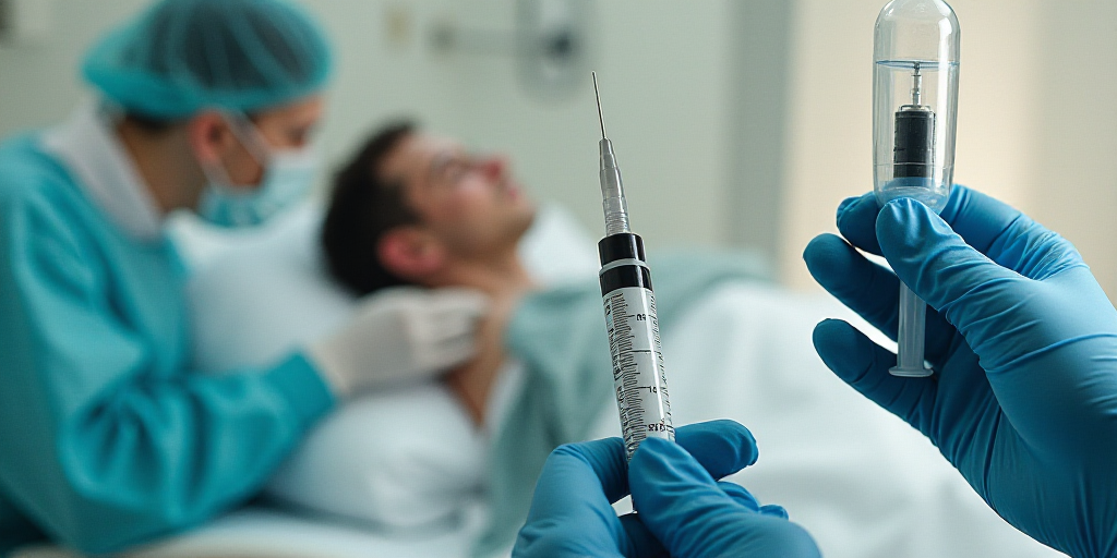 a collage of images with a person in gloves and a syringe in their hand and a person in a hospital b