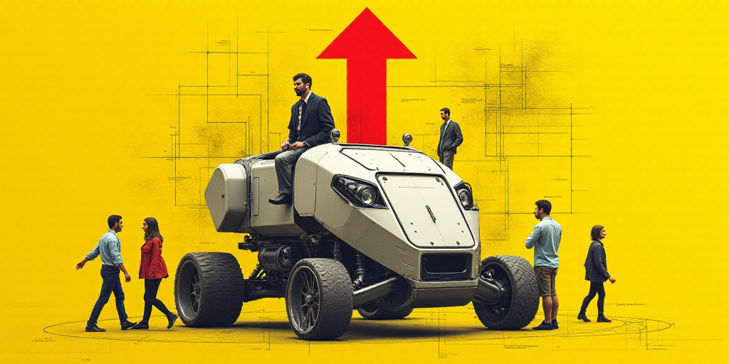 a collage of people and a machine with a red arrow in the center of the image and a yellow backgroun