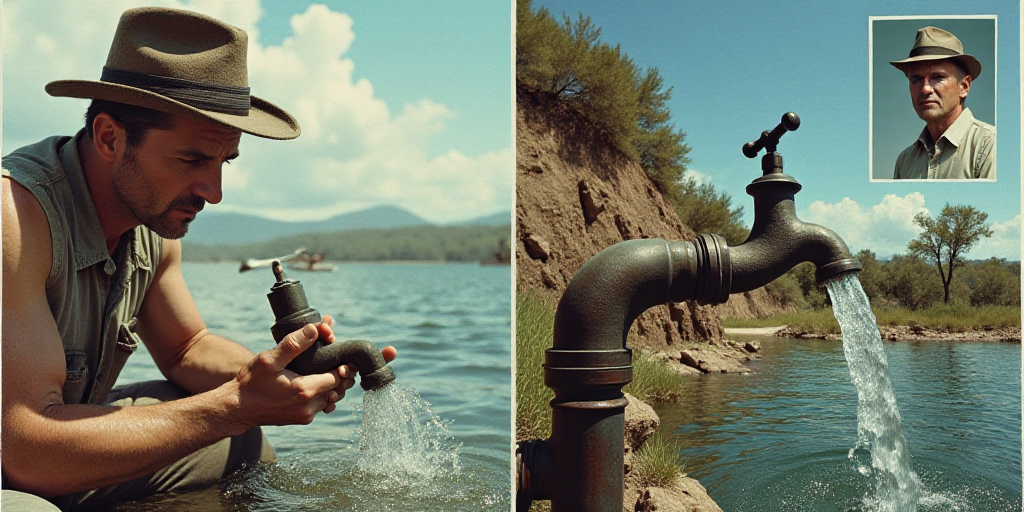 a collage of photos with a man watering water from a faucet and a man with a hat on, David LaChapell