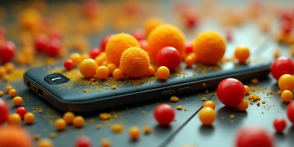 a computer generated image of a cell phone with a bunch of yellow and red balls on it's side, Adam S