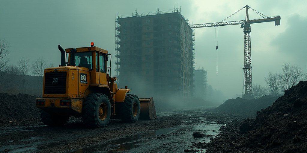 a construction site with a bulldozer and a building in the background with a crane in the foreground