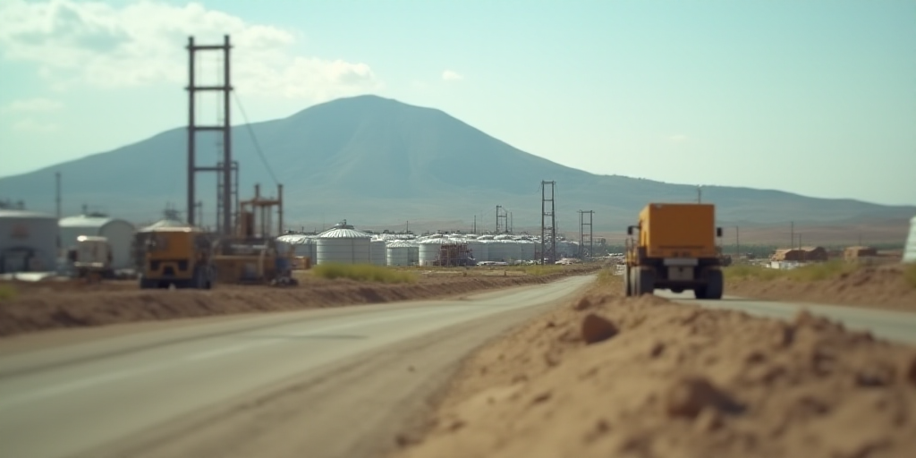a construction site with a large amount of steel tanks and machinery in the background and a mountai