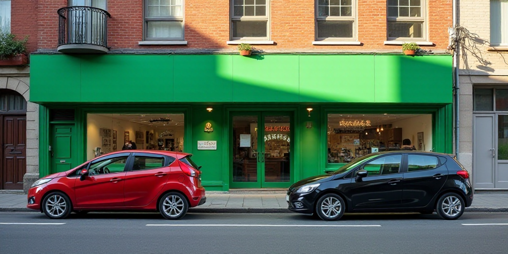 a couple of cars parked in front of a building with a green sign on it's side of the street, Andries