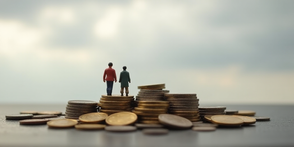 a couple of figurines sitting on top of a pile of coins with a sky background and a gray sky, Allaer
