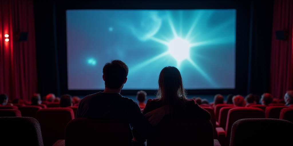 a couple of people sitting in a movie theater watching a movie on a screen with a projector screen,