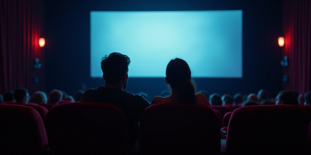a couple of people sitting in a movie theater watching a movie on a screen with a projector screen,