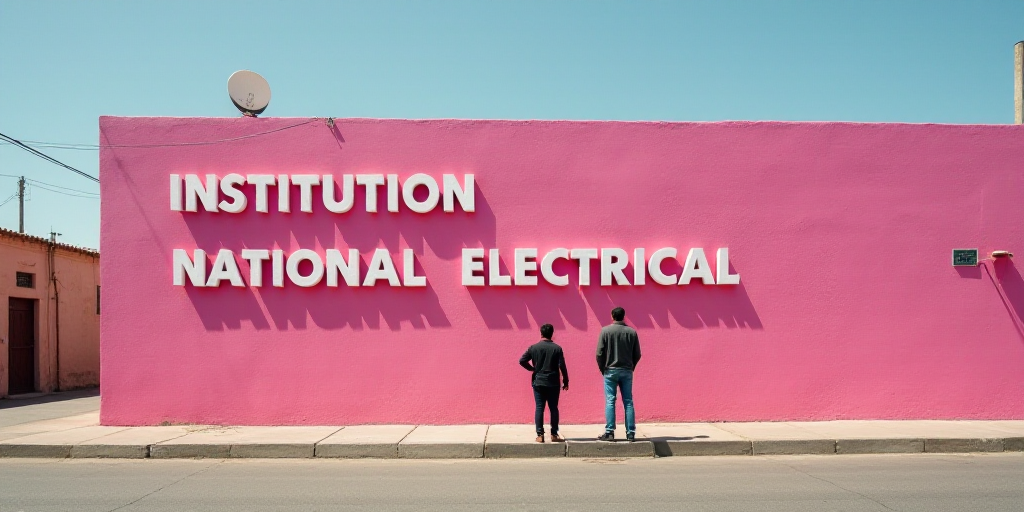 a couple of people standing in front of a building with a pink sign on it's side that says instituti