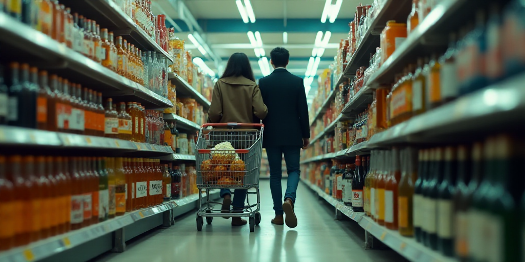 a couple of people that are walking down a aisle in a store together with a cart full of drinks, Dav