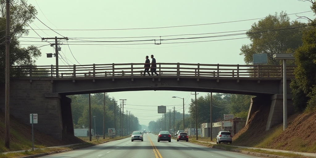 a couple of people walking across a bridge over a street with cars on it and a sign above them, Estu