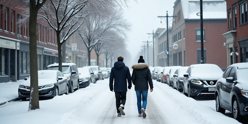 a couple of people walking down a snow covered street next to parked cars and a building with a cloc