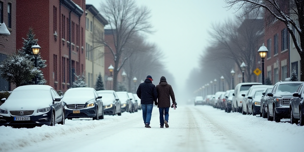 a couple of people walking down a snow covered street next to parked cars and a building with a cloc