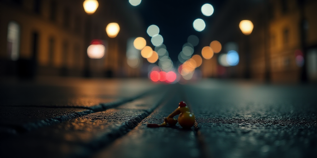 a couple of small objects on the ground in the street at night time with lights in the background an